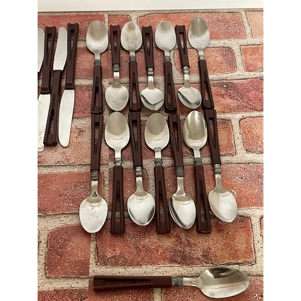 Vintage Stanhome Stainless Flatware Brown Cutout Handle Mid Century 41 Piece Set